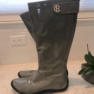 COLE HAAN PATENT WATERPROOF KNEE HIGH BOOTS